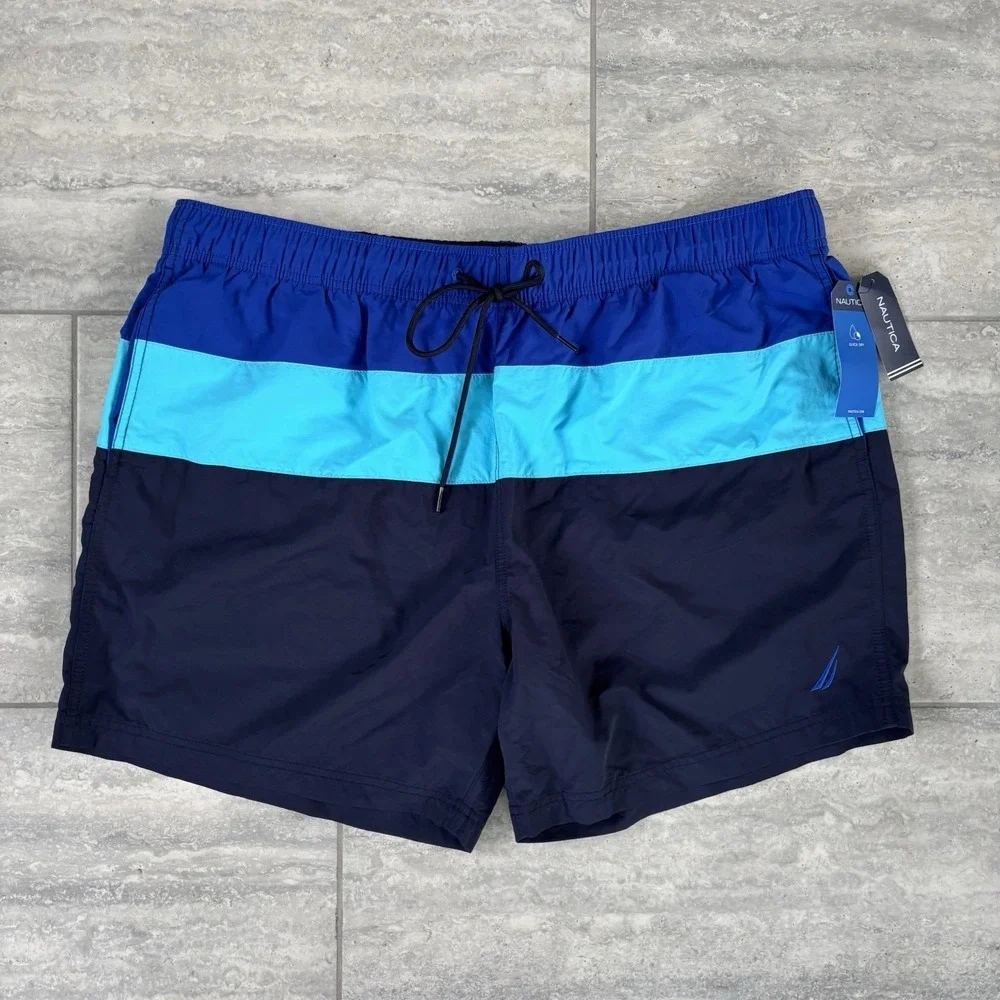 NWT Nautica Men's Swim Trunks XXL  Blue Colorblock Beachwear Linned 6